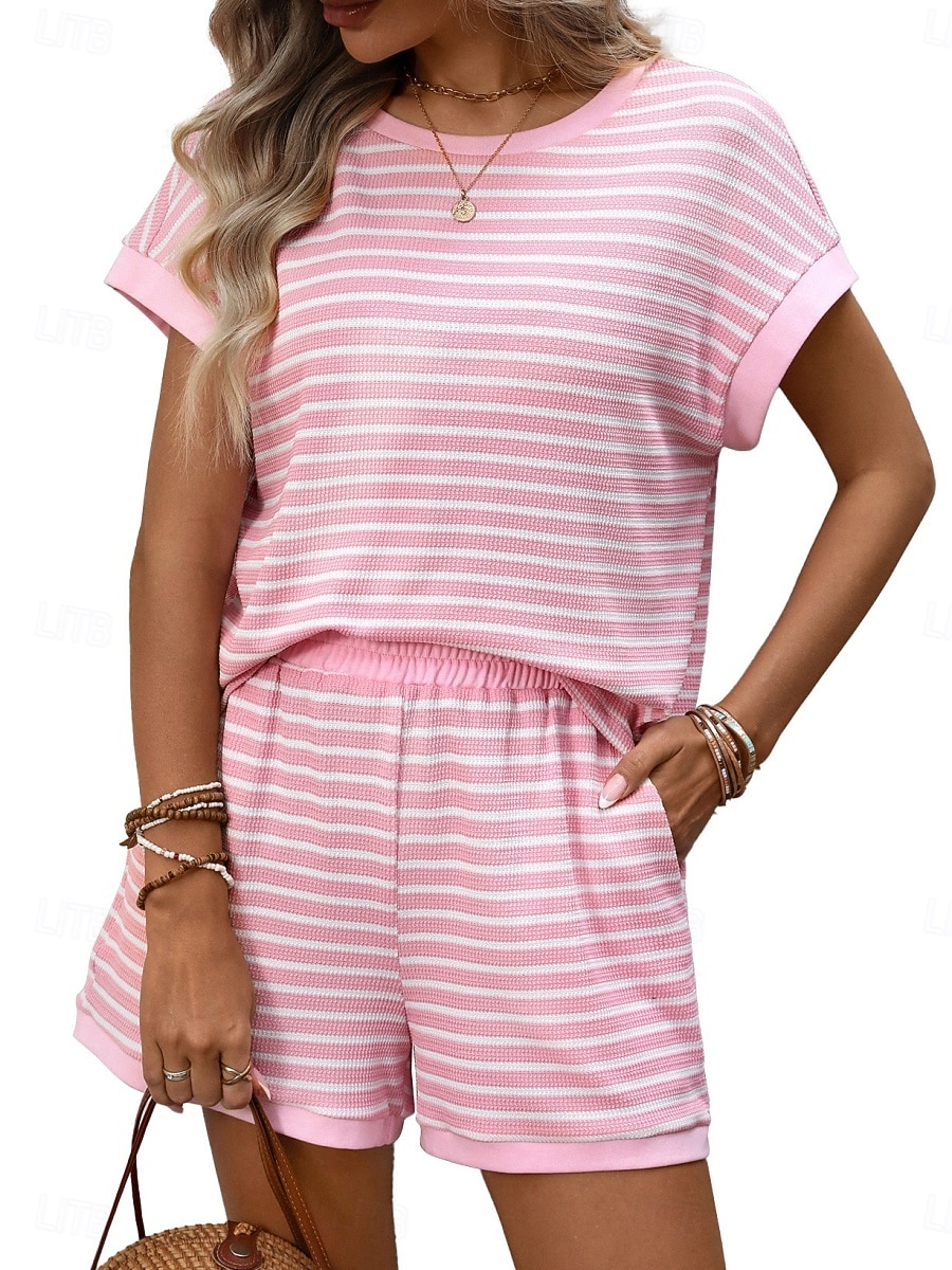 Women's Two Piece Sets Shorts Sets Short Sleeve Crew Neck Striped Fashion Streetwear Casual Daily Outdoor Black Pink Dark Pink Summer Regular Fit 2026 - $37.99 –P5