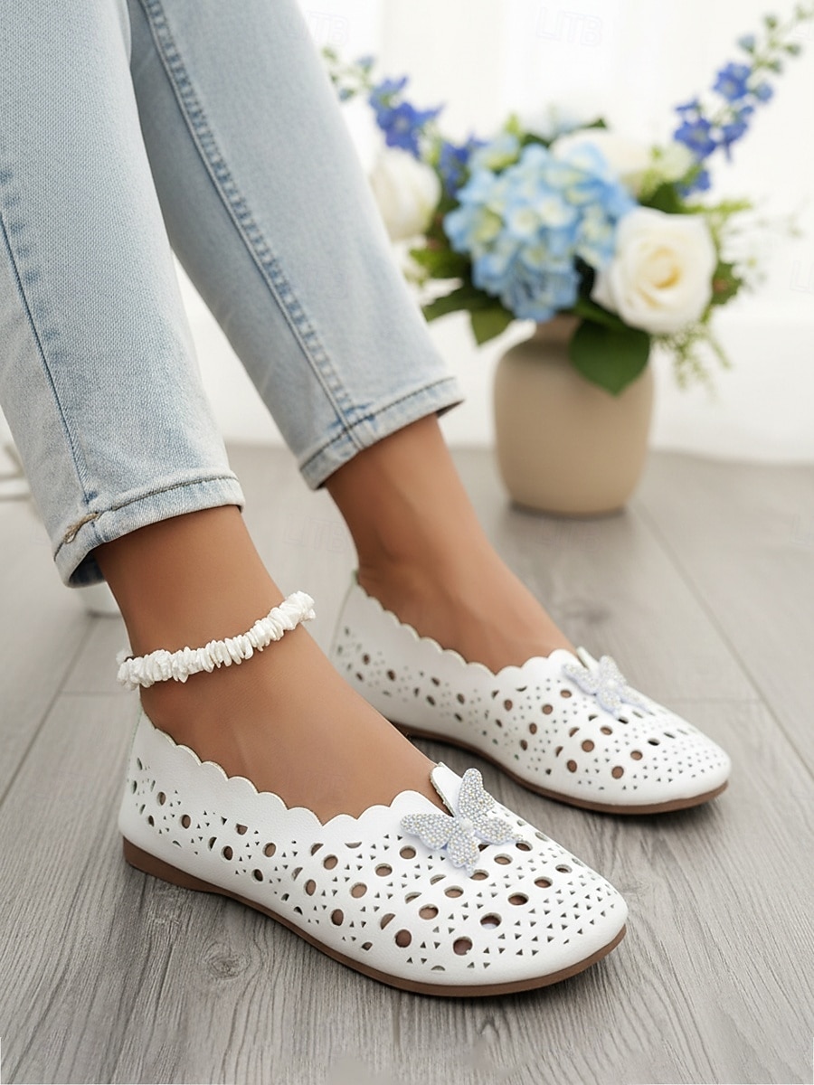 Sapatos femininos brancos de bico largo com borboleta de strass – mocassins vazados macios e respiráveis para uso casual, viagens e dia a dia. de 2026 por $19.99 –P3