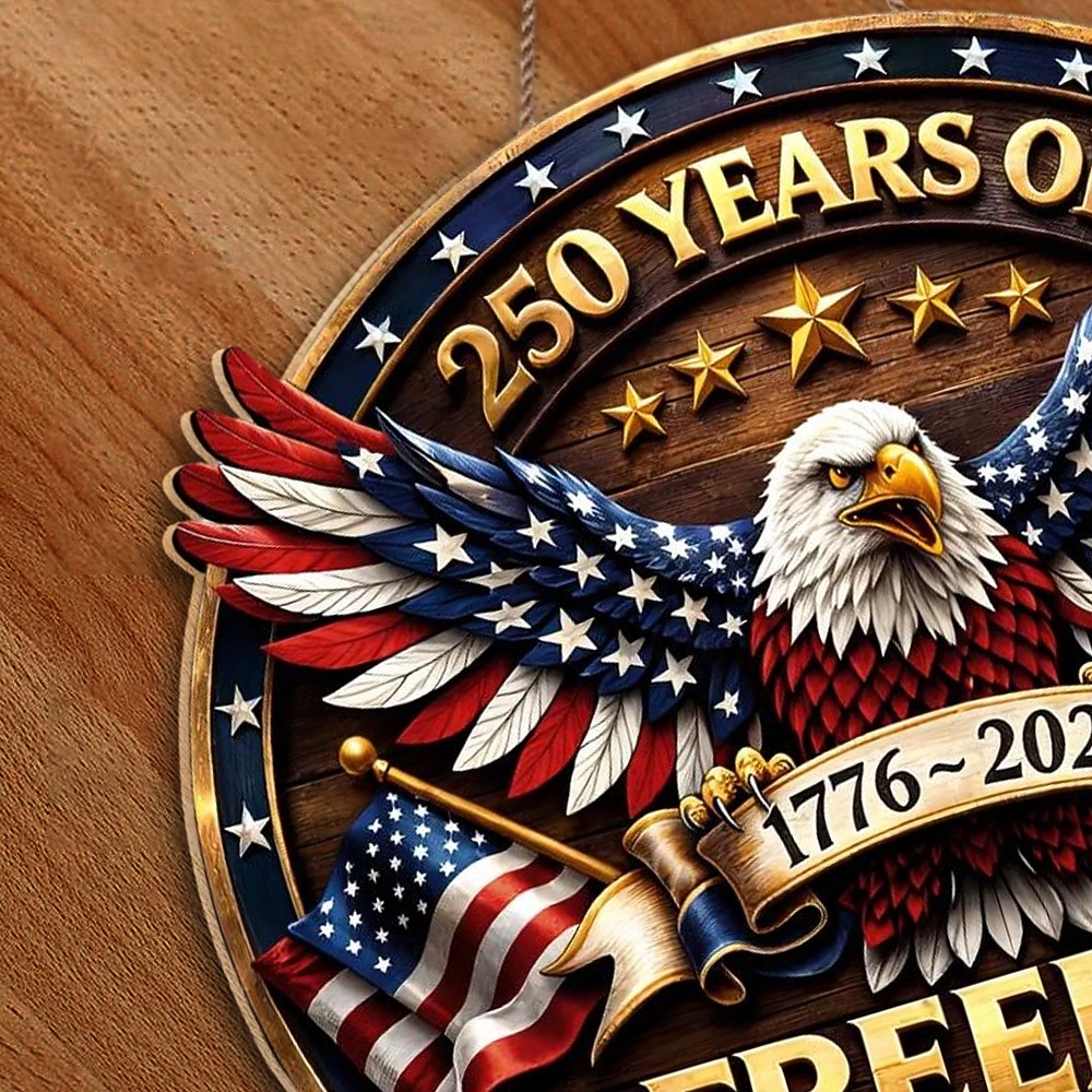 U.S. 250th Anniversary Wood Sign Patriotic Door Hanger, God Bless America Independence Day Decor with Eagle, Liberty Bell & Statue of Liberty, 1776–2026 4th of July Front Door Decoration 2026 - $25.99 –P2
