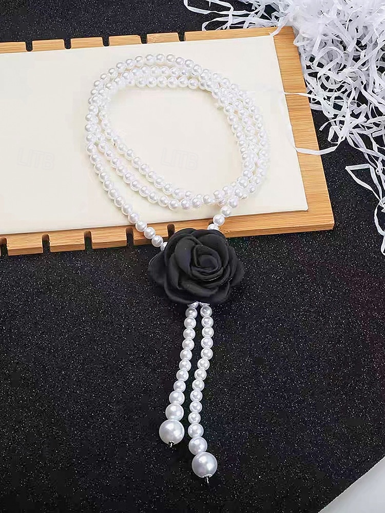 Collar de cadena para la cintura con perlas de imitación de camelia para mujer en blanco y negro, joyería elegante y versátil para bodas, fiestas nocturnas, para ir al trabajo y ocasiones formales. 2026 - $11.99 –P7