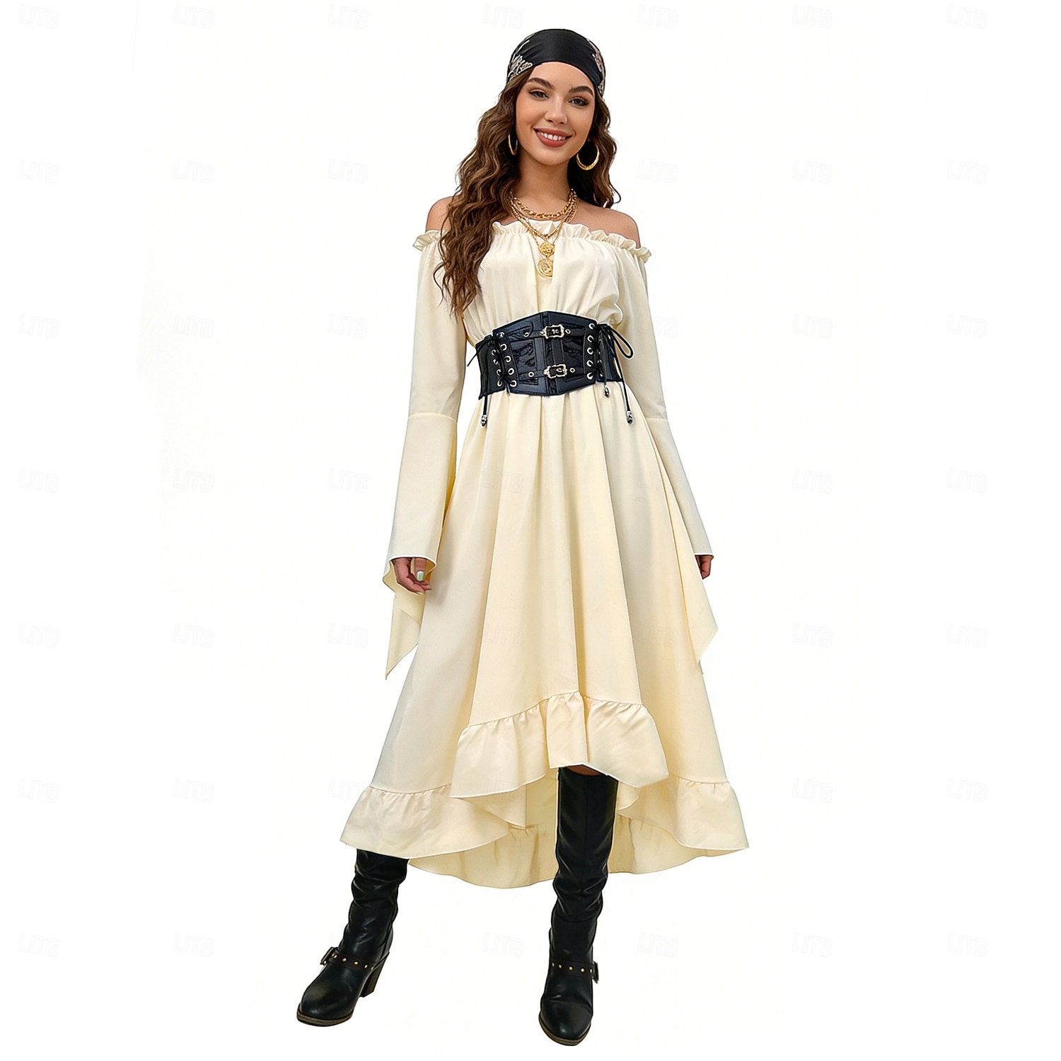 Set Medieval Renaissance Dress Headpiece Necklace with Accessories Long Sleeves Pirate Fancy Dress Women's Pirate Halloween Carnival Masquerade Renaissance Fair Retro Theme Party Adults' Dress More 2026 - $54.99 –P5