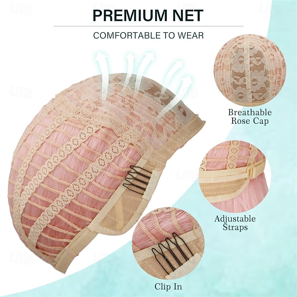 Ljusrosa bobperuker med lugg (kan trimmas) raka korta peruker för kvinnor syntetisk rosa peruk för cosplay-kvinnor 2026 - $30.99 –P5