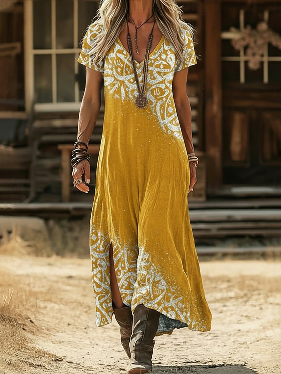 2026年 女性用 マキシドレス 自由奔放に生きるドレス カジュアルドレス A ラインドレス プリントドレス ヴィンテージ アウトドア バケーション 週末 ルーズフィット グラフィック 半袖 Ｖネック ブラック イエロー ライトグリーン ピンク 夏 春  コレクション – $12.49 –P13