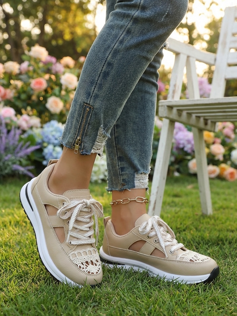 Zapatillas beige con cortes para mujer: zapatos informales transpirables con cordones para uso diario, para caminar y viajar. 2026 - $26.99 –P4