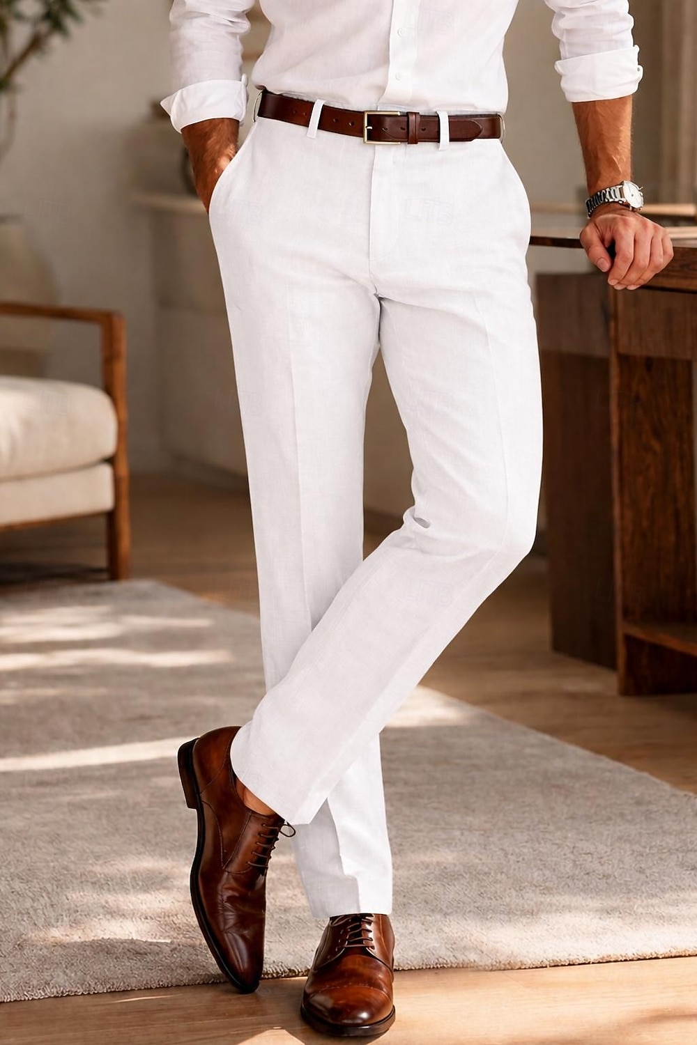 Masculino Algodão Linho Social Calça casual O negócio Casamento Vintage Clássico Formal Branco Rosa Vinho Primavera Verão Calças Côr Sólida Normal Longas Sem Elasticidade de 2026 por $39.99 –P12