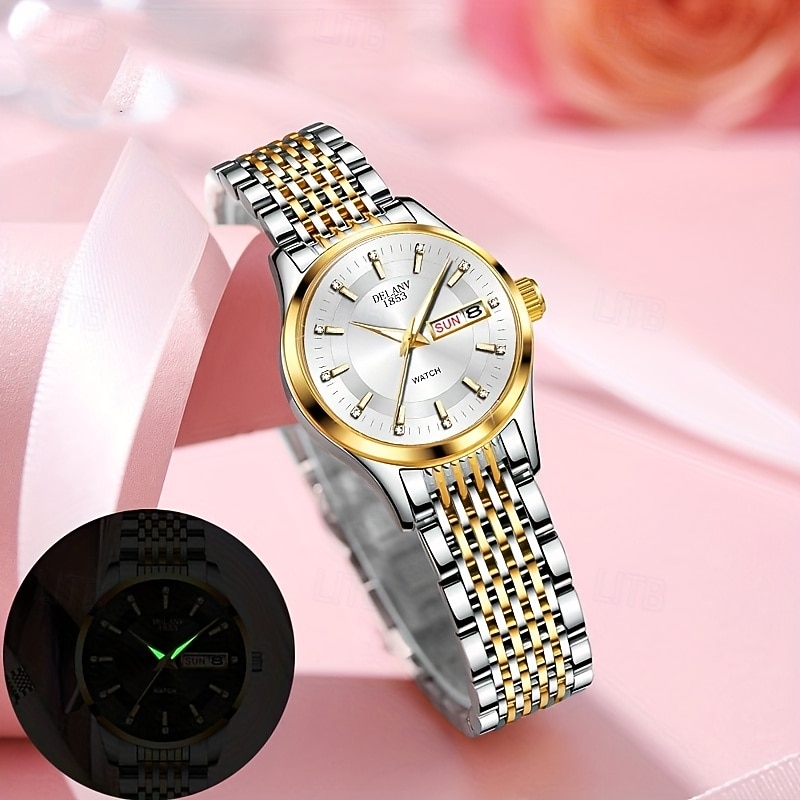 Luxe dameshorloge, tweekleurige goud-zilveren roestvrijstalen band, lichtgevende wijzers met datum- en dagweergave, elegante zwarte wijzerplaat met diamanten accenten, een stijlvol polshorloge voor 2026 - $22.99 –P3