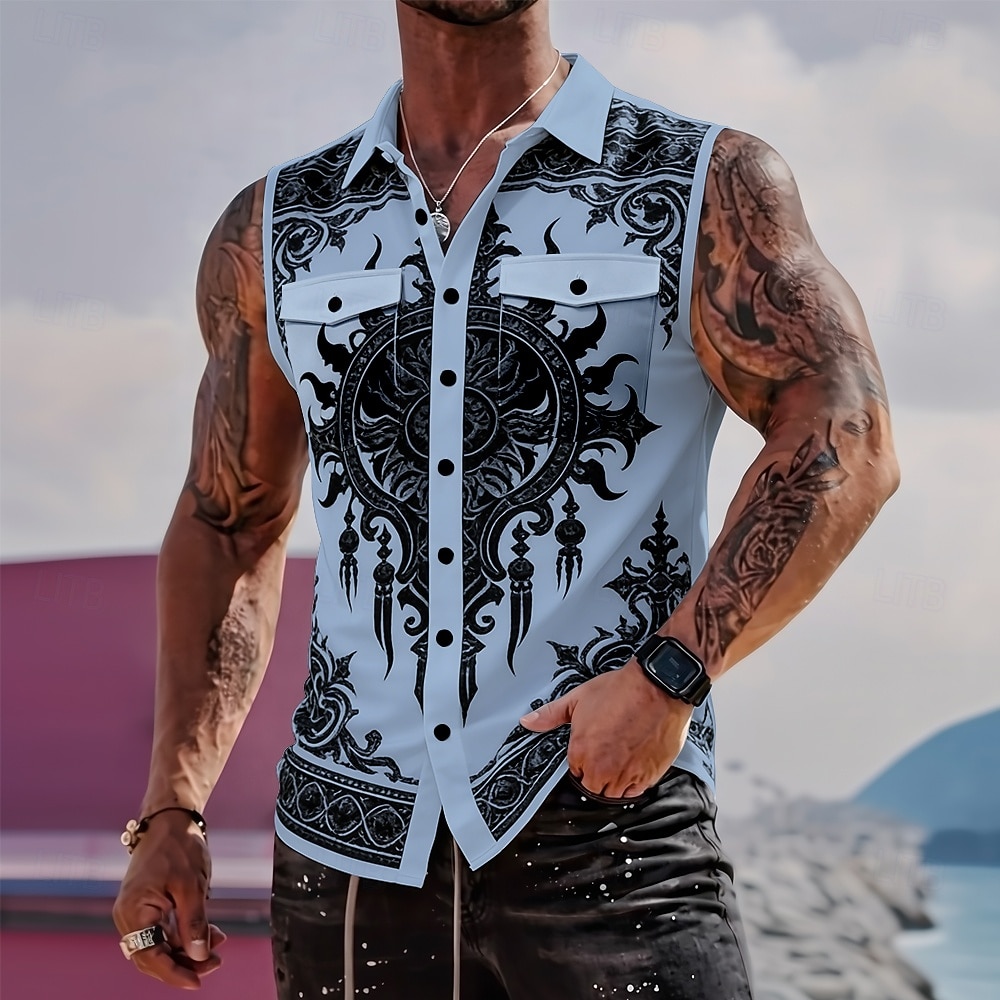 Herren Barock- Schnörkelwerk Komplizierte Blumen Hemd Knopfhemd Ärmelloses Shirt Ärmellos Gothic Style Vintage-Retro Outdoor Lässig Sommer Frühling Umlegekragen 3D-Druck Zwei Fronttaschen Blau Wei 2026 - $25.99 –P2