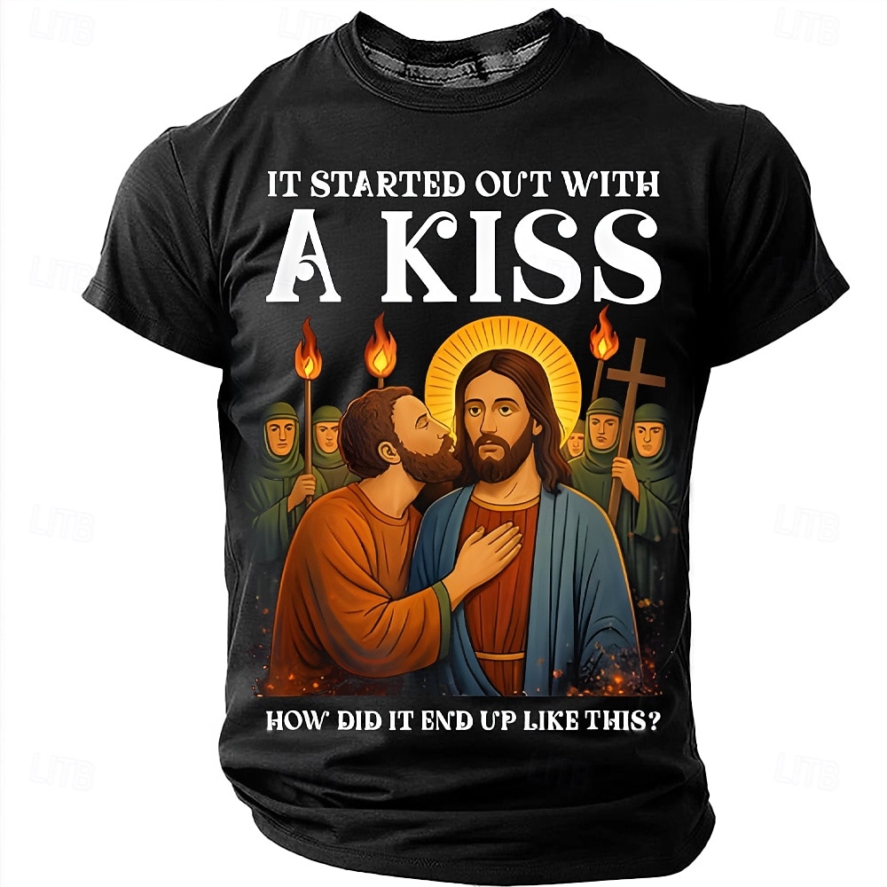 T-shirt graphique religieux drôle Bible pour hommes ça a commencé par un baiser Judas embrassant Jésus parodie religieuse T-shirt comment cela a-t-il fini comme ça drôle mème chrétien cadeau de 2026 ? $21.99 –P1