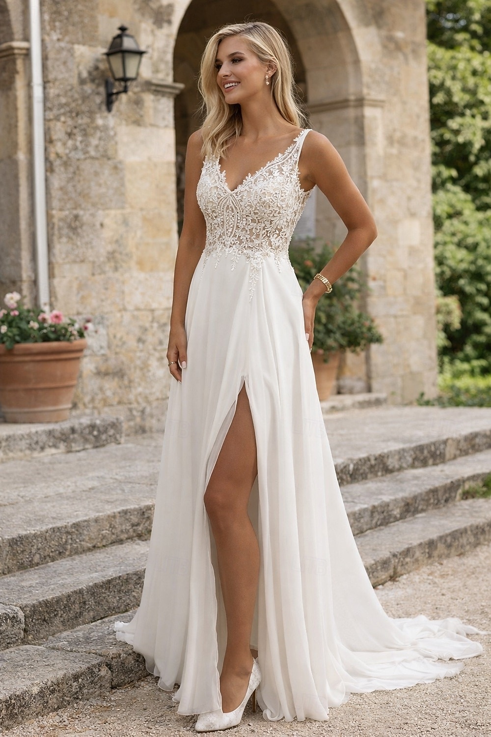 Свадебные Платья На Пляже L-образной Формы V Вырез Без Рукавов Длинного Пола Шифон Невесты С Аппликациями Разрез Спереди 2026 - $241.49 –P1