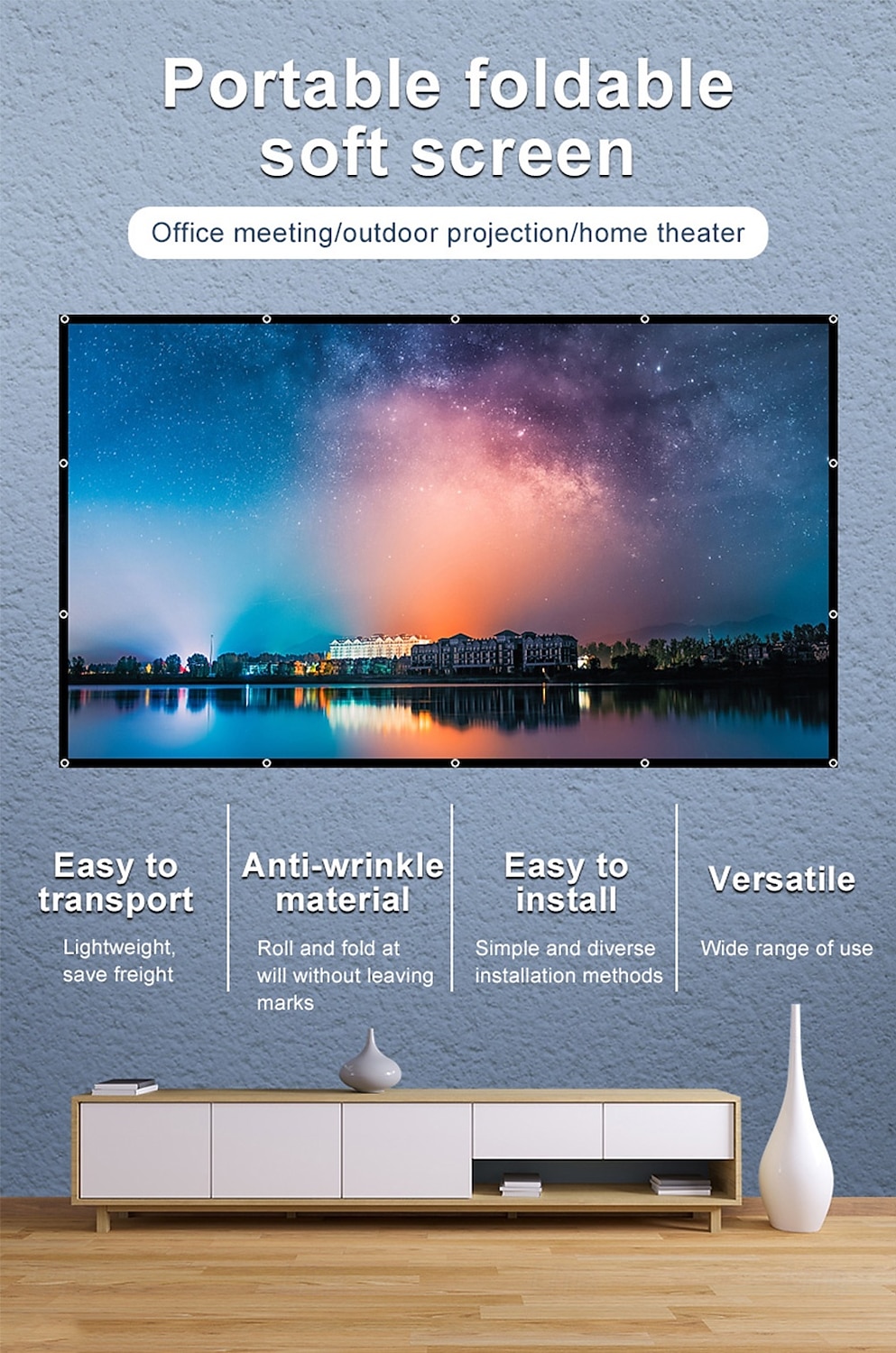 Projector Screen 16:9 HD 4K, Foldable Portable Projection Screen for Home Theater, Indoor Outdoor Movie Screen with Reinforced Edges and Grommets, Anti-Crease Video Screen for Office & Backyard 2026 - $19.99 –P1