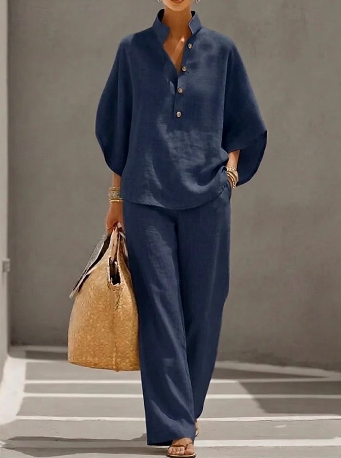 Mulheres Conjuntos de linho de algodão Manga 3/4 Colarinho Chinês Côr Sólida Diário Angustiado Casual Diário Preto Amarelo Vinho Verão Ajuste Largo de 2026 por $41.99 –P5