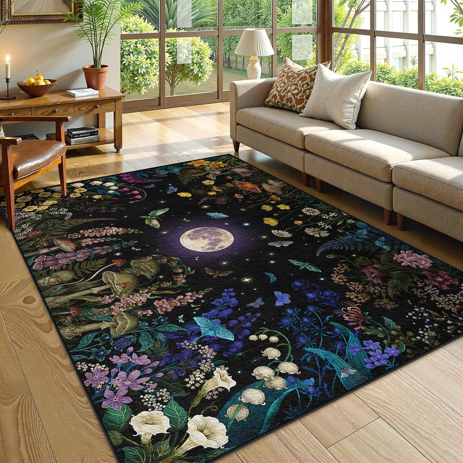 2026年 満月と花柄、キノコをモチーフにしたエリアラグ。植物と神秘的な庭園のデザインが特徴で、エレガントで耐久性のある装飾品として、episodic drawing が制作しました。  コレクション – $35.99 –P6