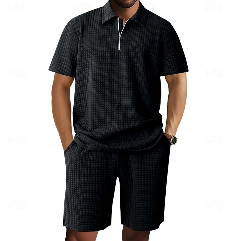 Herre Polo T-skjorte drakter Joggedress Shorts og T-skjorte sett Kortermet Kort Erme Aftæpning Sommer Fargeblokk Gymnastik Fritid Jacquard Glidelås 2 deler Avslappet Feriereise Dagligdagstøy Svart 2026 - $35.99 –P15