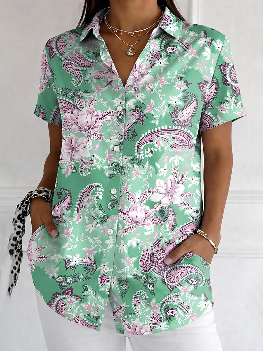 Mulheres Camisa Social Botões Imprimir Gráfico Estampado Cashemere Vintage à moda Moderno Manga Curta Colarinho de Camisa Tops regulares Diário Azul Roxo Verde Cáqui Verão Primavera de 2026 por $26.99 –P3