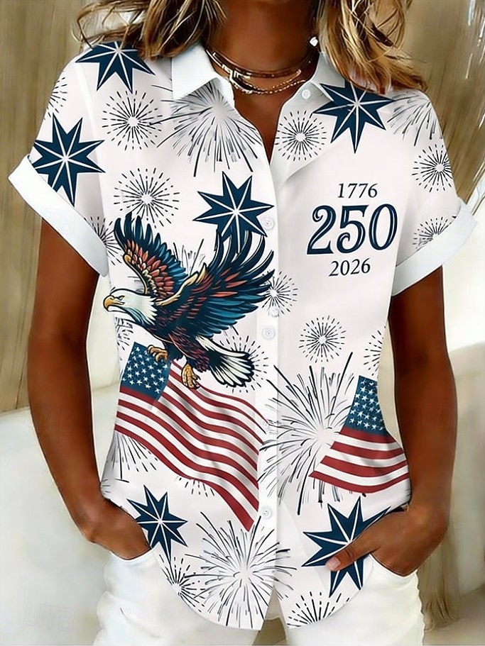Camisa Feminina Dia da Independência Americana Blusa Manga Curta Gráfica Bandeira Vintage Estilosa Casual Sem Mangas Gola Regular Tops Diários Azul Branco Azul Claro Verão Primavera de 2026 por $26.99 –P2