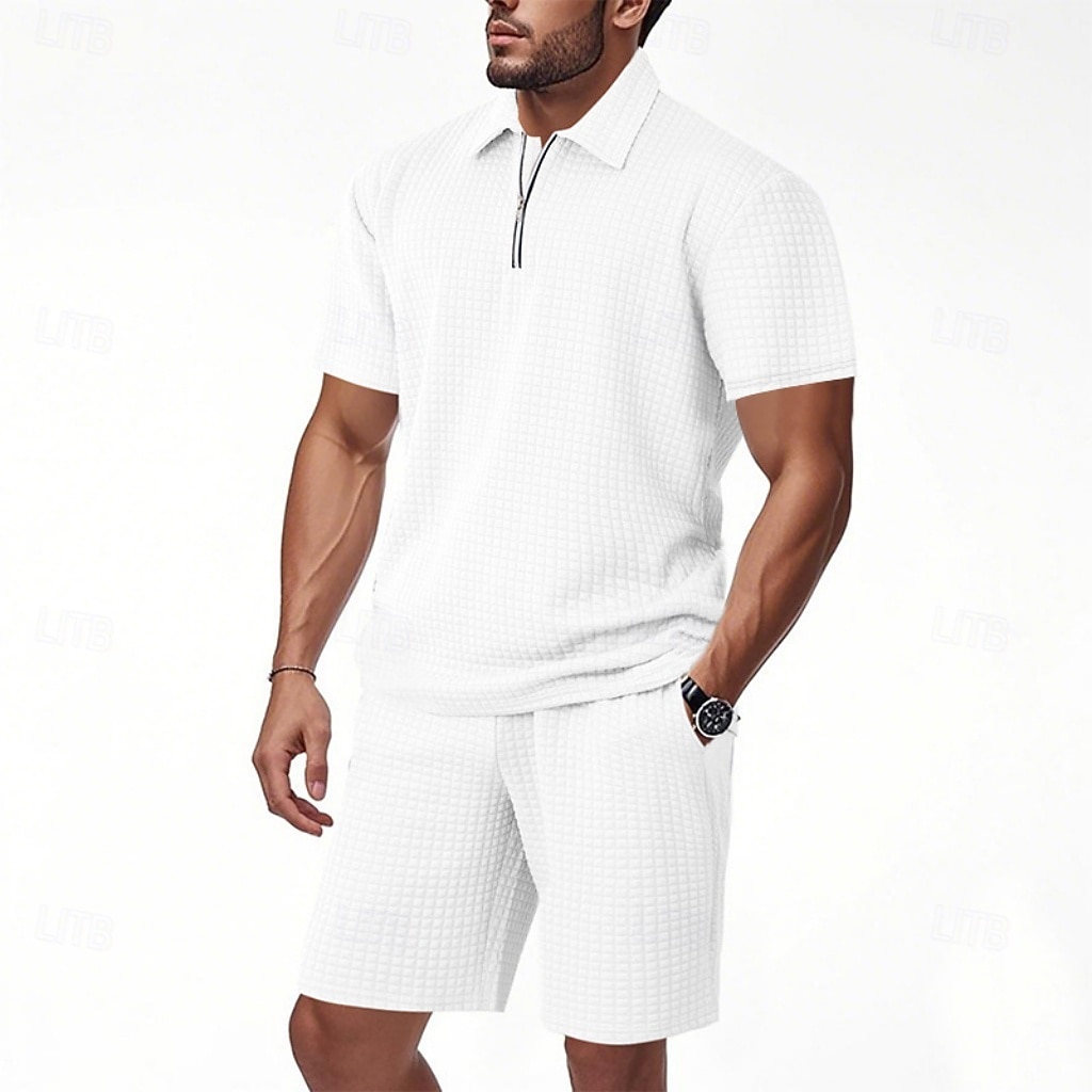 Herre Polo T-skjorte drakter Joggedress Shorts og T-skjorte sett Kortermet Kort Erme Aftæpning Sommer Fargeblokk Gymnastik Fritid Jacquard Glidelås 2 deler Avslappet Feriereise Dagligdagstøy Svart 2026 - $35.99 –P16