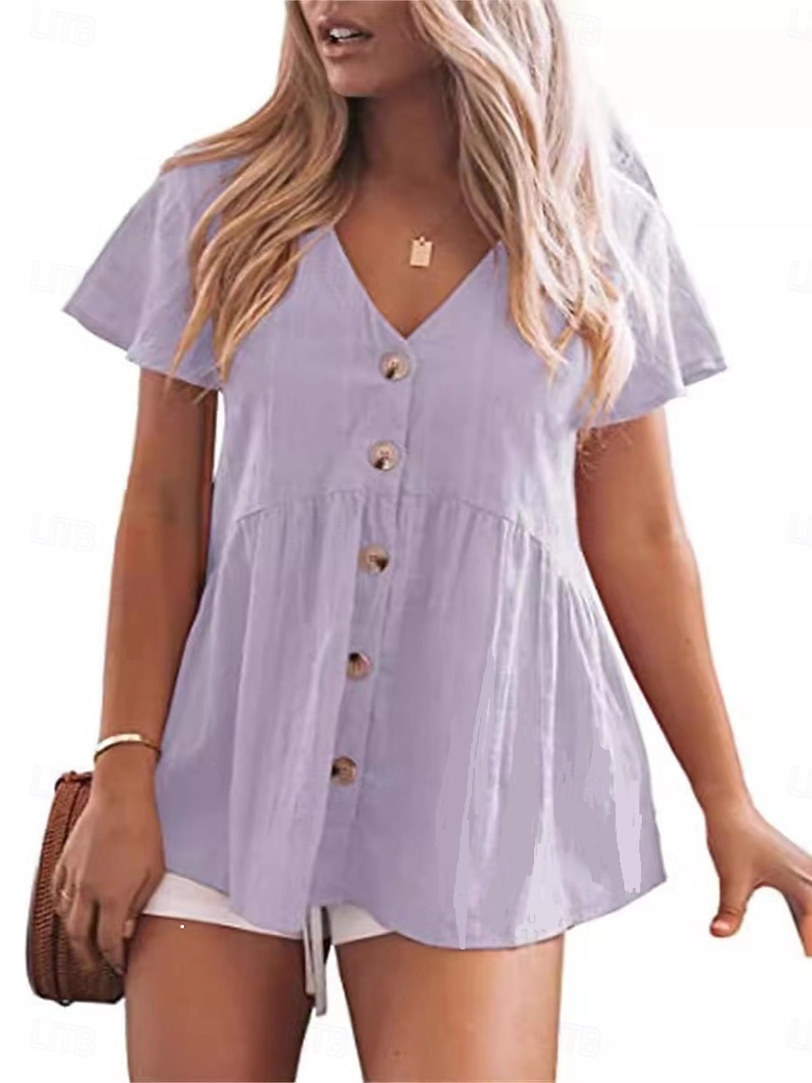 Damen Hemd Baumwolle Gerafft Patchwork Knöpfe Einfach Elegant Urlaub Stilvoll Kurzarm V Ausschnitt Normale Oberteile Täglich Strand Ferien Schwarz Hellgrün Rosa Rote Violett Sommer Frühling 2026 - $21.99 –P7