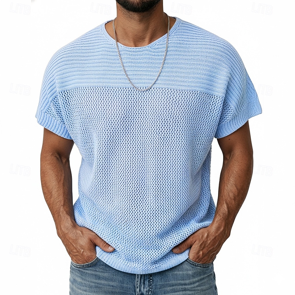 Herren Strick-T-Shirt T-Shirt Kurzarm Kurze Ärmel Rundhalsausschnitt Sommer Einfach Strickware Mode Täglich Ausgehöhlt Lässig Outdoor Streetwear Weiß Top T-Shirt für Herren 2026 - $25.99 –P1