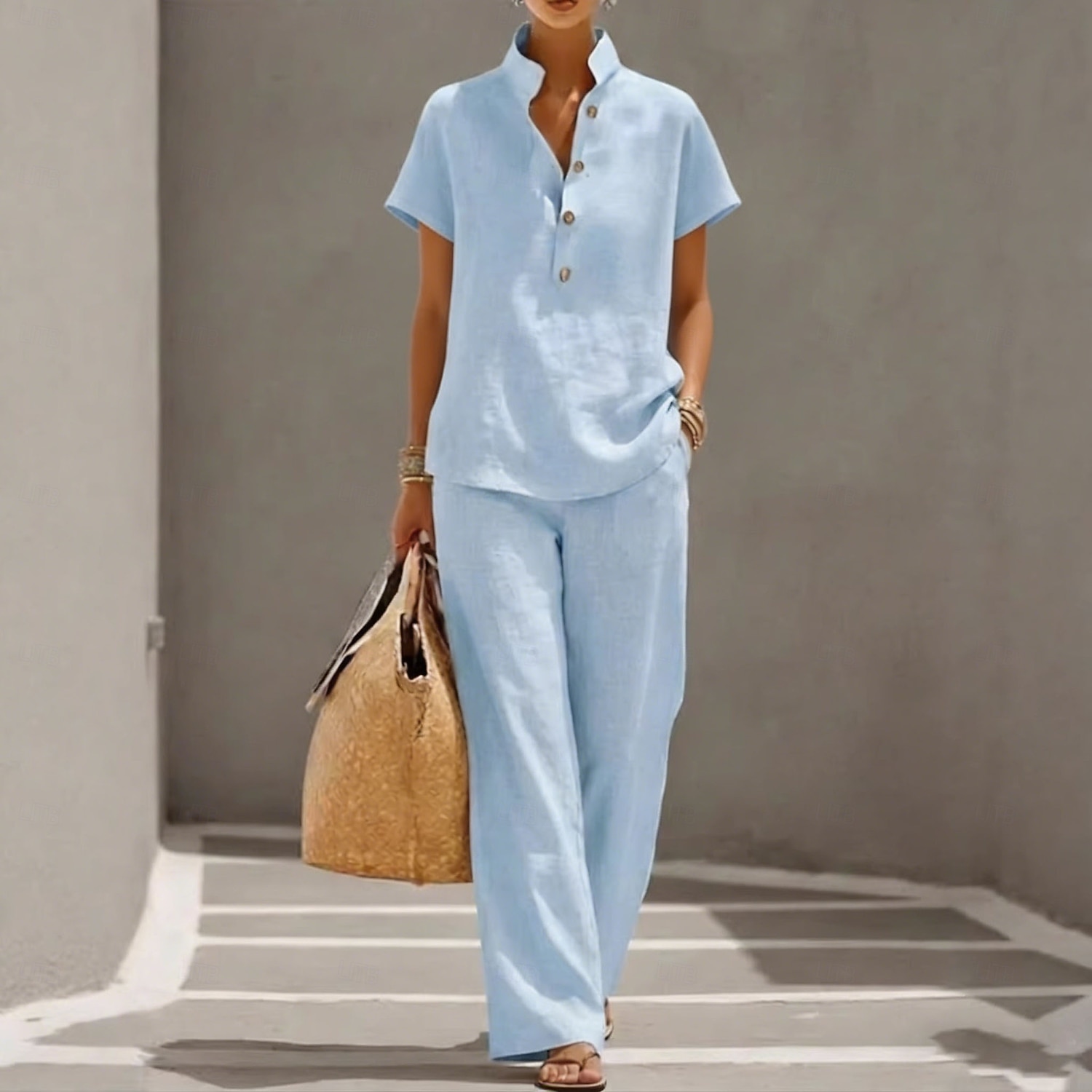 Pentru femei Seturi de pantaloni In din bumbac artificial Manșon scurt Guler de stand Culoare solidă Modă Șic Stradă Casual Zilnic În aer liber Albastru piscină Galben Trifoi Primavara vara Potrivire 2026 - $17.49 –P8