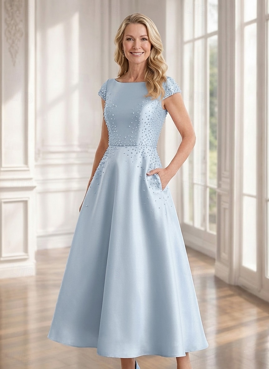 dresses nz formal A-Line Ankle Length Formal Dresses Mother of the Bride Dress Short Sleeve  Boat Neck Elegant Vintage Embellished Cocktail Formal Wedding Guest Satin  with Pearls 2026