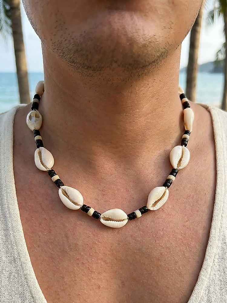 Herrhalsband med träpärlor och snäckor i bohemiskt material, smycken för strandsemester och vardagsaktiviteter, lätt justerbart tillbehör för resor och sommarkläder 2026 - $9.99 –P2