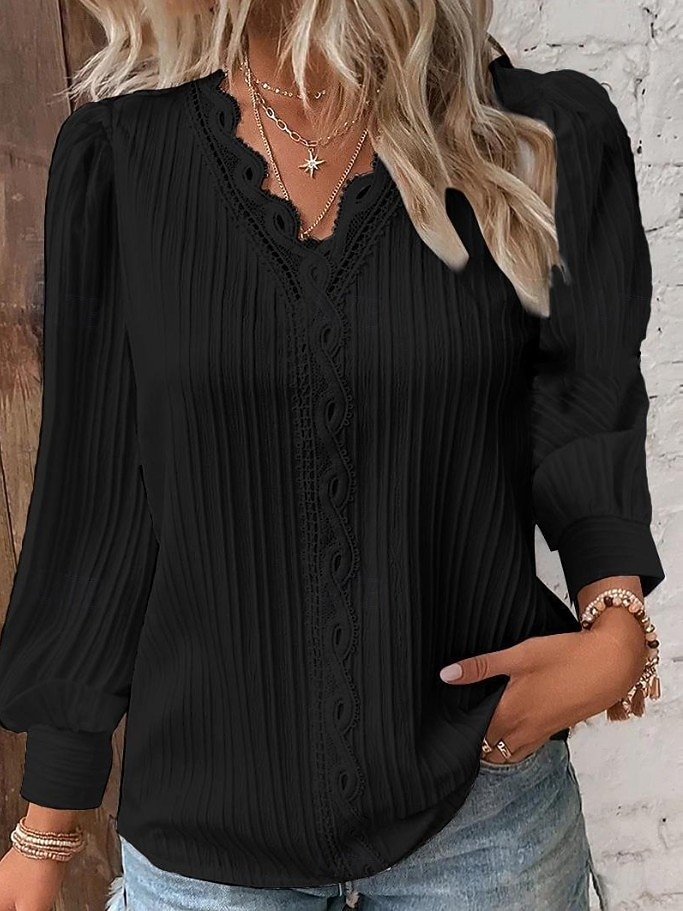 Women's Lace Shirt Blouse Lace Patchwork Solid Color Stylish Casual Long Sleeve V Neck Regular Tops Daily Blue Black White Yellow Red Spring Fall 2026 - $19.99 –P7