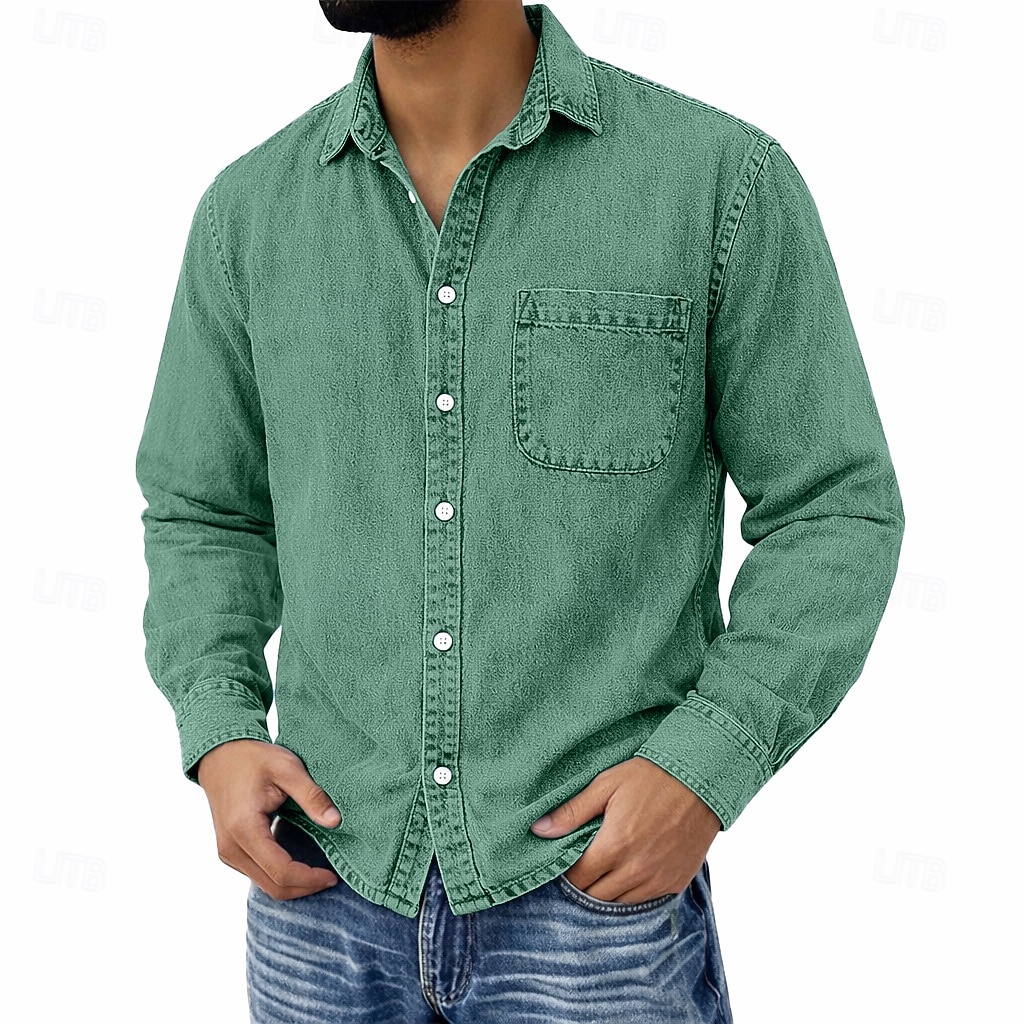 Men's Shirt Casual Shirt Vintage Shirt Button Up Shirt 100% Cotton Acid Wash Shirt Blue Black Light Green Wine Navy Blue Long Sleeve Plain Lapel Streetwear Going out Pocket Clothing Apparel Cotton 2026 - $31.99 –P12