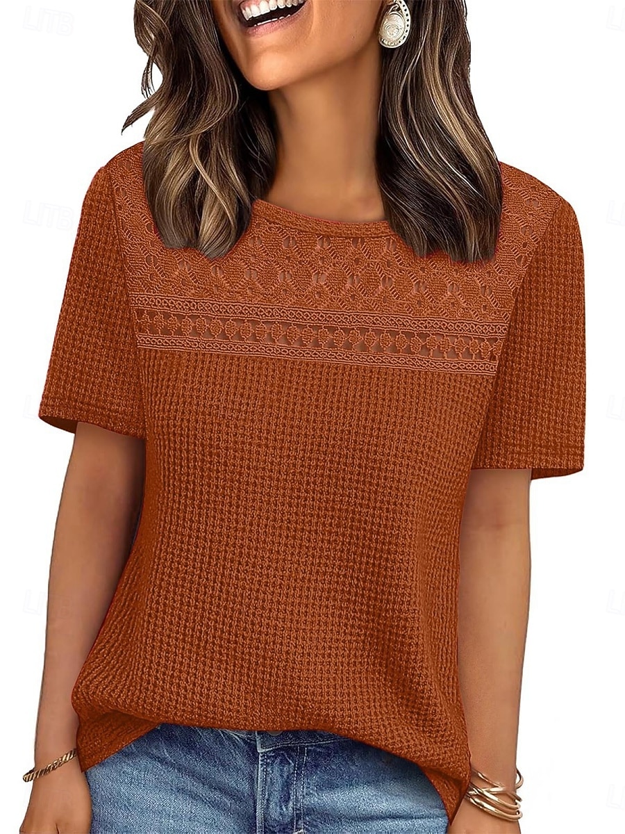 Women's Eyelet Top T Shirt Tee Top Solid Color Fashion Classic Casual Short Sleeve Crew Neck Regular Tops Daily Going out Weekend Black Red Navy Blue Khaki Summer Spring 2026 - $24.99 –P11
