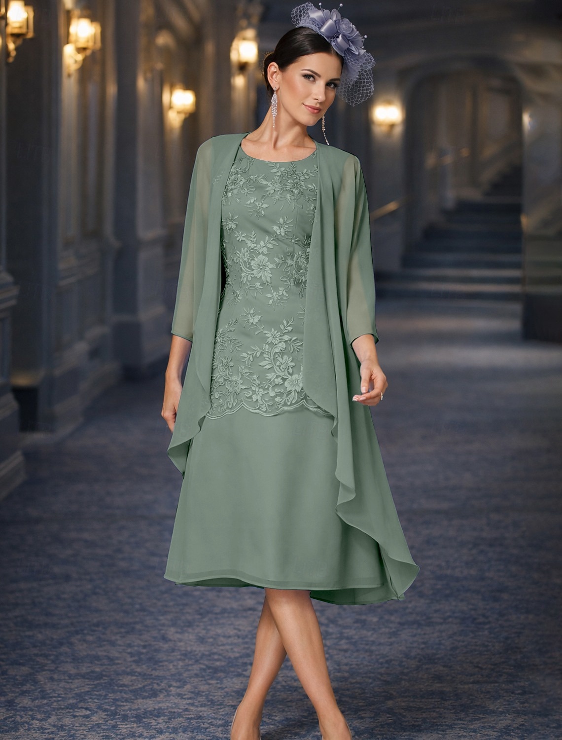 שני חלקים מעטפת עמוד באורך הקרסול שמלת אורח לחתונה שמלה לאם הכלה  ללא שרוולים עם תכשיטים אלגנטית אורחת חתונה מסיבת החתונה שיפון תחרה שמלות ז'קט עם אפליקציות 2026 - $146.99 –P17