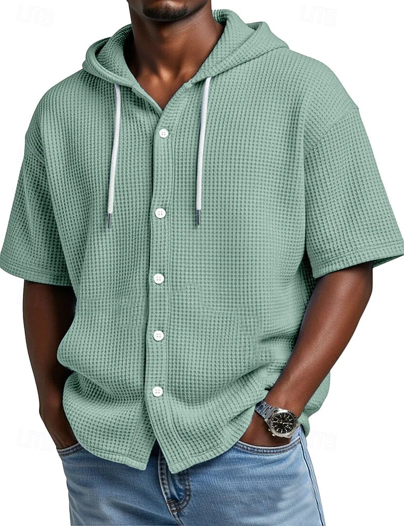 Voor heren Overhemd Wafel Shirt Normaal shirt Overhemd met knopen Wit Korte mouw Effen Kleur Effen Capuchon Casual Dagelijks Lapwerk Kleding Vakantie Modieus Casual 2026 - $30.99 –P9