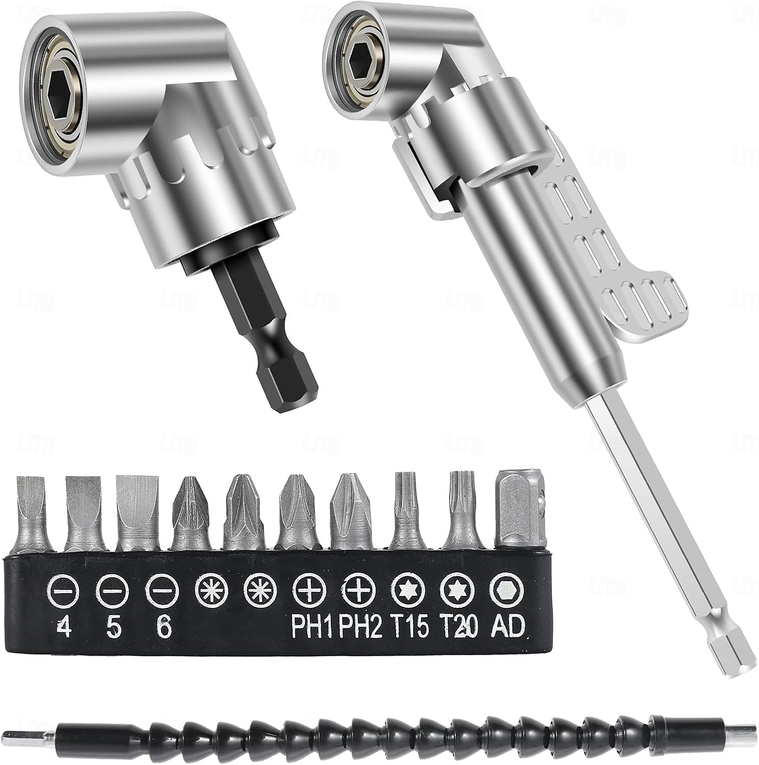 Σετ 4 προσαρμογέων τρυπανιού ορθής γωνίας 105 μοιρών, κρουστικό μηχανισμό κίνησης και μαγνητικό τρυπάνι με υποδοχή κατσαβιδιού, γωνιακό εργαλείο, πλήμνη βίδας (κοντή + μακριά) και εύκαμπτη γωνιακή 2026 - $16.99 –P1