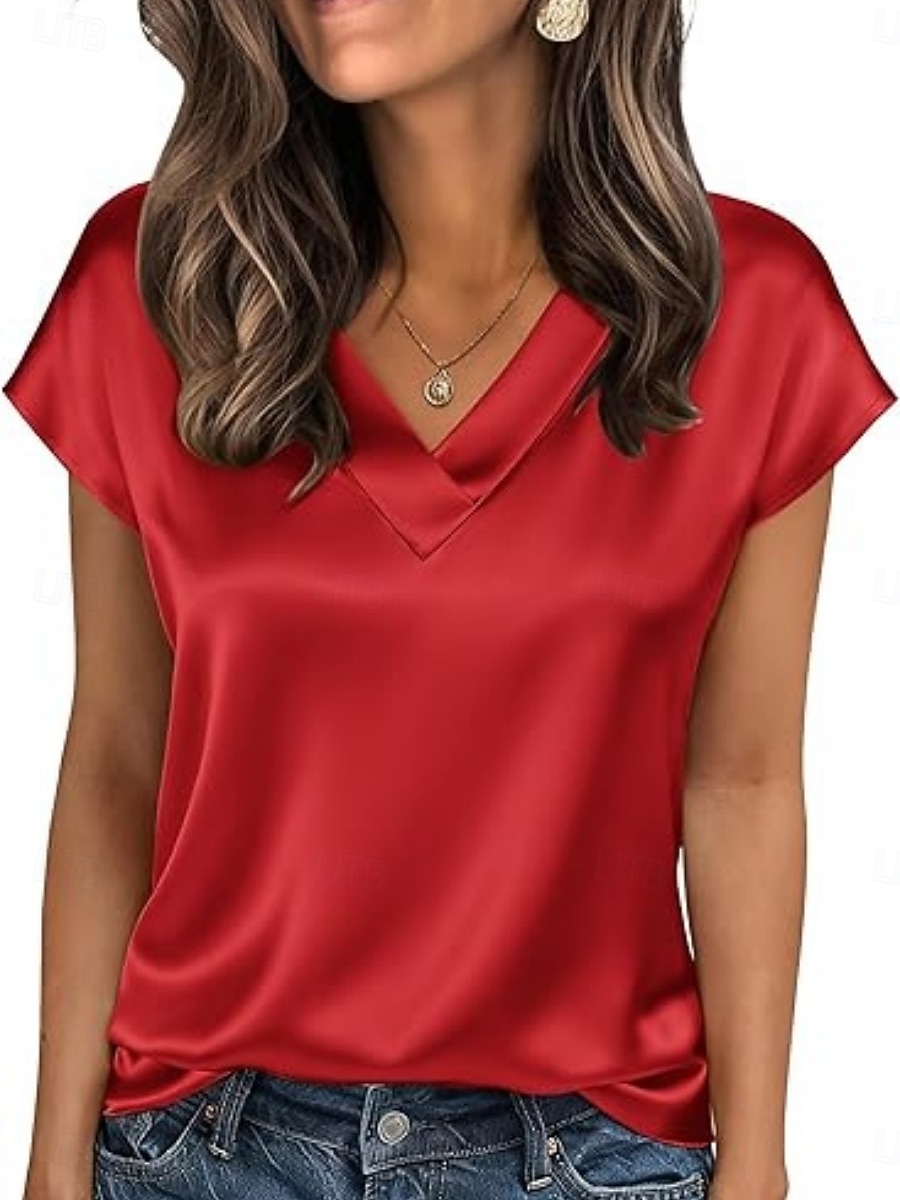 Dames satijnen top T-shirt Effen Elegant Modieus Stijlvol Korte mouw V-hals Normale tops Dagelijks Uitgaan Weekend Champagne Goud Wijn Rood Koffie Zomer Lente 2026 - $19.99 –P14