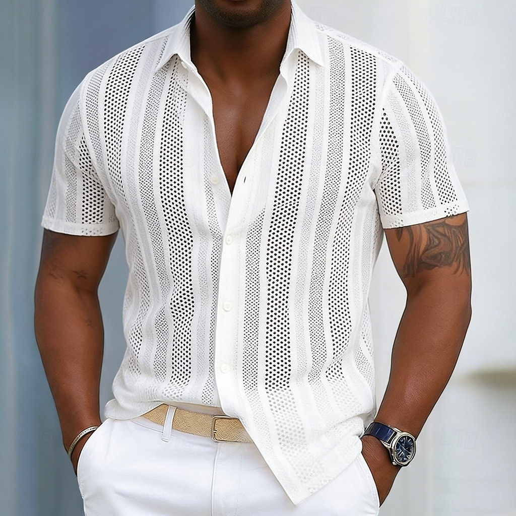 Herren Hemd Sommerhemd Knopfhemd Jacquard-Hemd Strickjacke Schwarz Weiß Kurzarm Texture Mode Revers Lässig Heim Loch Bekleidung Modern Moderne zeitgenössische Lässig 2026 - $31.99 –P1