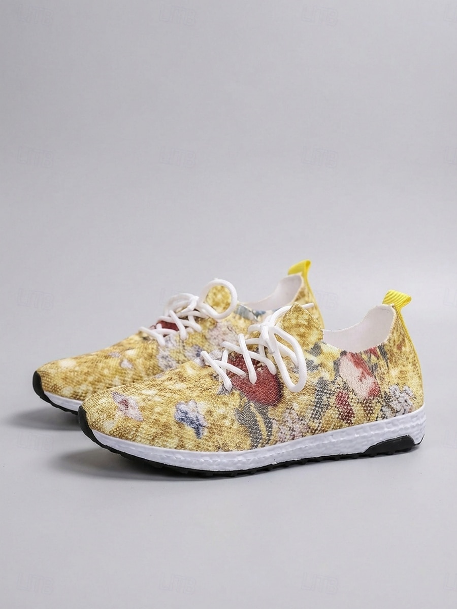 Women's Yellow Floral Print Knit Sneakers – Lightweight Breathable Casual Shoes with Cushioned Non-Slip Sole, Fashion Walking Shoes for Travel, Outdoor and Everyday Wear 2026 - $29.99 –P1