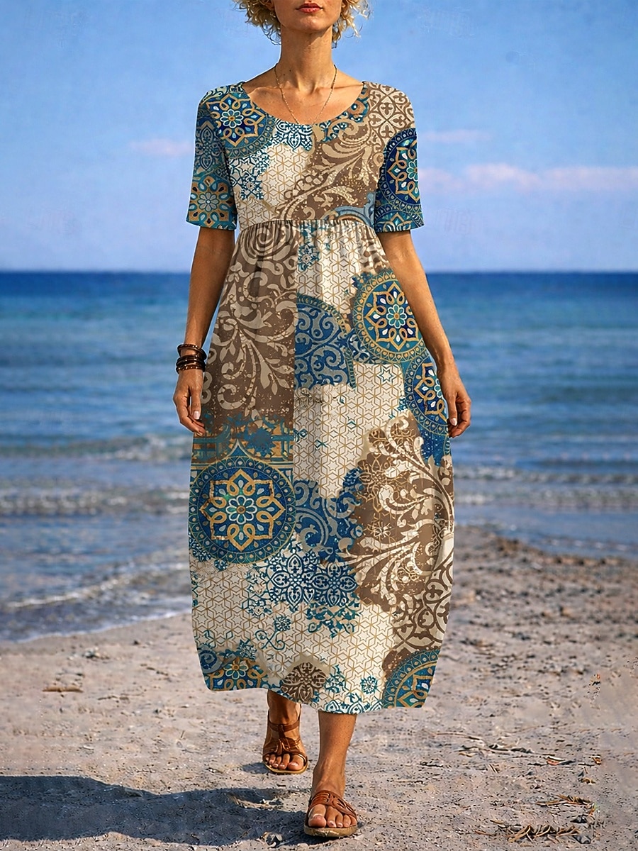 Per donna Abito maxi Abito a trapezio Abito Estivo Vacanza Casual Quotidiano Ferie Vestibilità comoda Grafico Paisley Tribale Mezza Manica Girocollo Cammello Viola Verde Estate del 2026 a $33.99 –P1