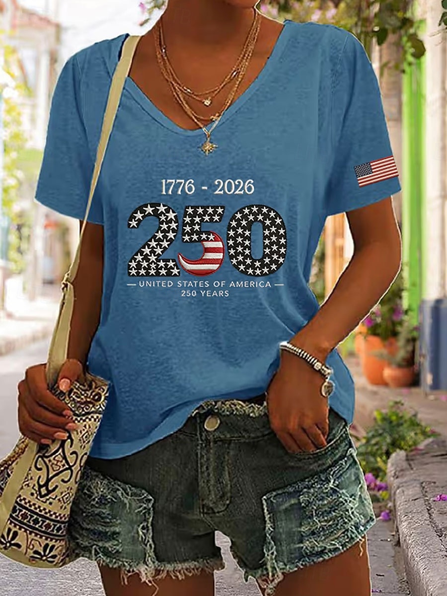 2026年 アメリカ独立記念日 女性用 Tシャツ プリント グラフィック フラッグ ヴィンテージ スタイリッシュ クラシック 半袖 Ｖネック レギュラートップス 日常 ブルー ブラック ホワイト 夏 春  コレクション – $21.99 –P3