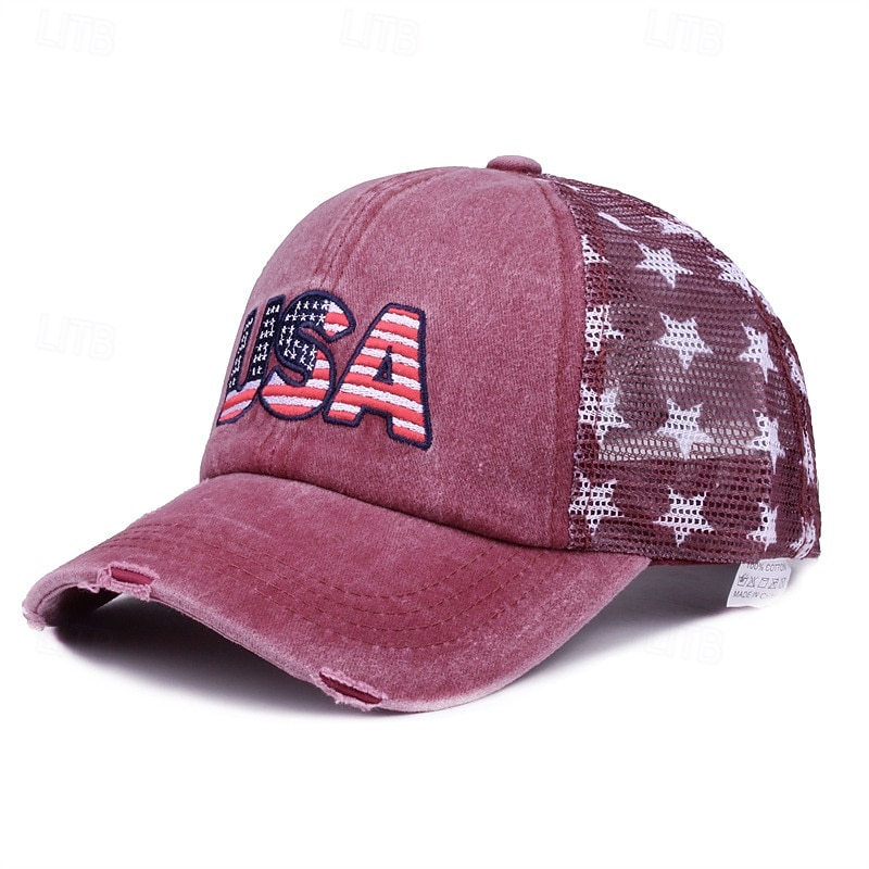 Cappellino da baseball patriottico in cotone lavato con stella della bandiera americana ricamata, cappellino da camionista vintage effetto invecchiato con rete per uomo e donna, 4 luglio, giorno del 2026 a $16.99 –P1