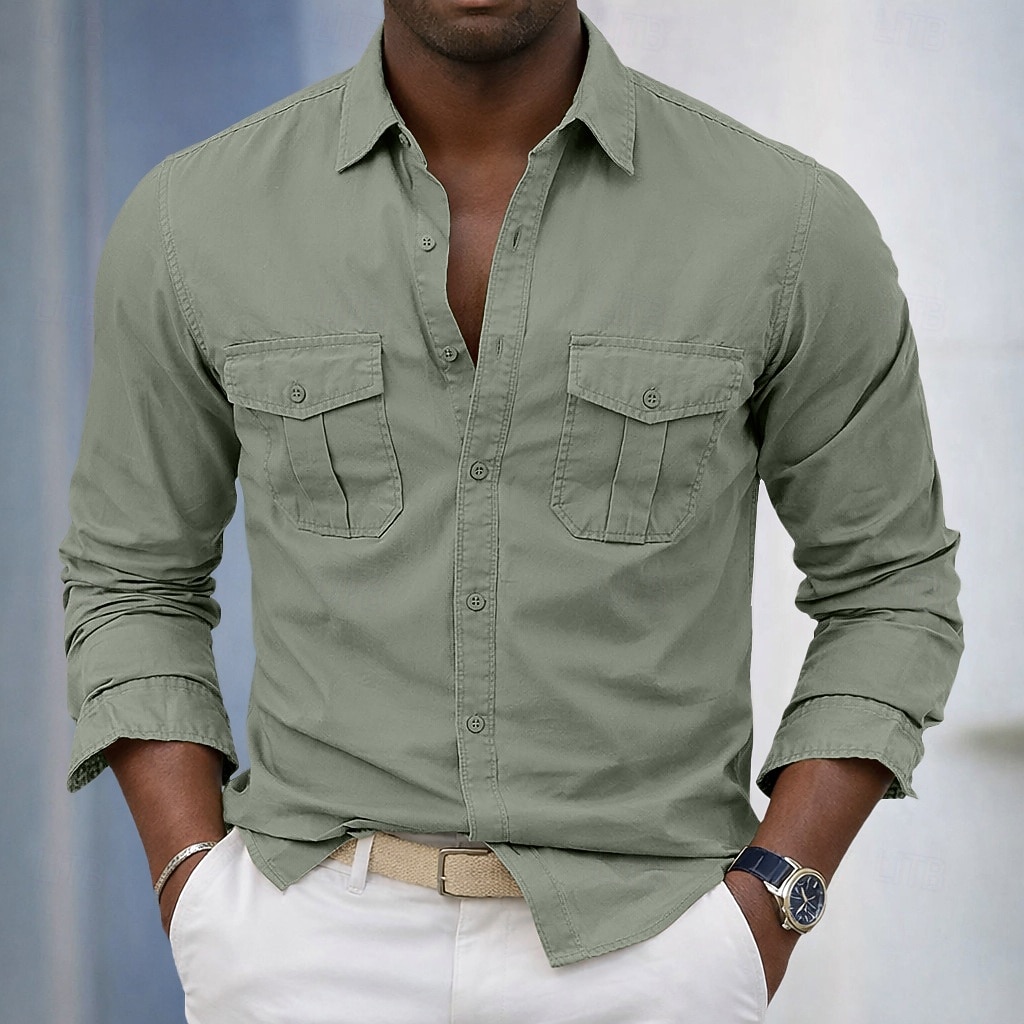 Men's Shirt Casual Shirt Work Shirt Button Up Shirt Black White Green khaki Army Green Long Sleeve Plain Shirt Collar Casual Daily Front Pocket Clothing Apparel Elegant Fashion Casual 2026 - $31.99 –P2