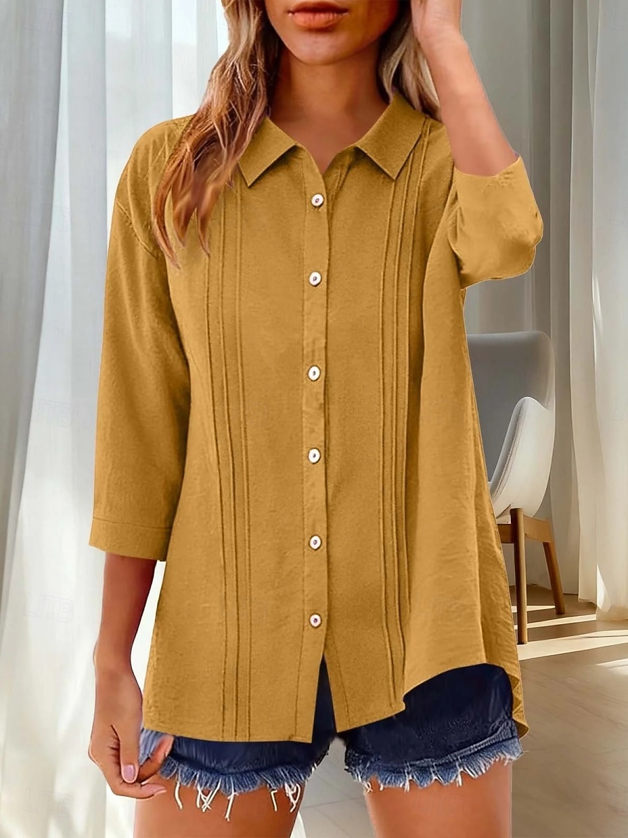 Per donna Camicia Blusa Camicia di cotone Arricciato Bottoni Tinta unica Elegante Classico Moderno Manica Lunga Colletto a Camicia Top Regolari Quotidiano Ferie Uscire Nero Bianco Giallo Rosa Vino del 2026 a $27.99 –P20