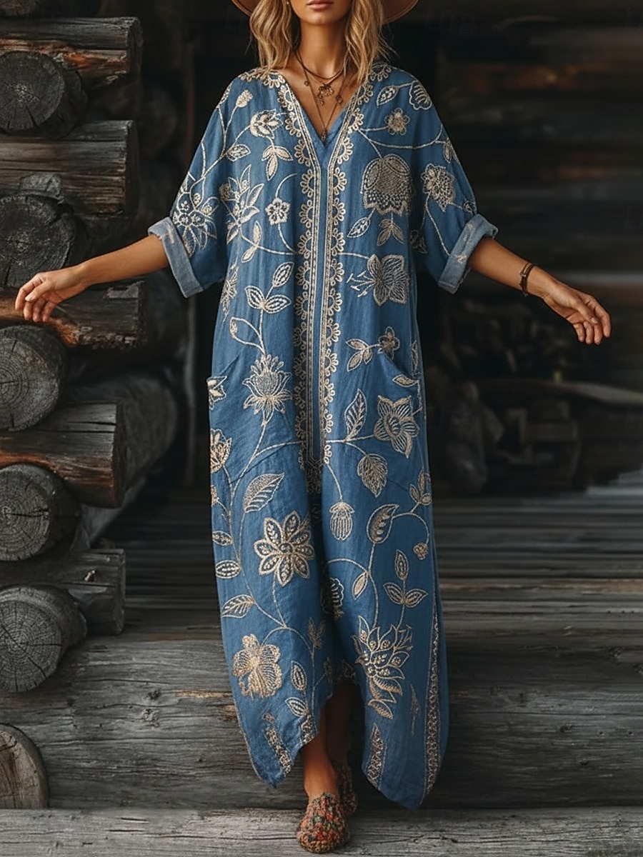 Dame Maxikjole Boho-kjole Uformell kjole Print kjole Årgang utendørs Feriereise Helg Løstsittende Blomstret Grafisk Langermet V-hals Blå Vin Lilla Grønn Sommer Vår Høst 2026 - $37.99 –P3