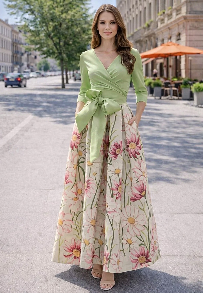 Linha A Longo Vestidos de noite Elegante Vintage Floral Manga 3/4 Decote V Festa de Jardim Casamento Cetim com Estampa floral Pregas Bolsos de 2026 por $194.99 –P4