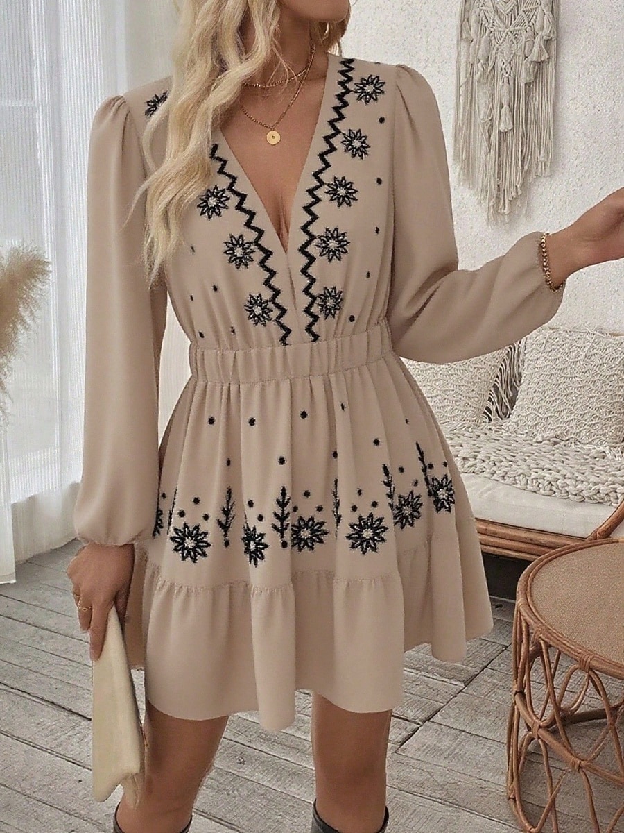Damen Minikleid Boho-Kleid Freizeitkleid Elegant Mode Modern Outdoor Urlaub Ausgehen Normale Passform Blumen Langarm V Ausschnitt Schwarz Wein Rote Grün Sommer Frühling 2026 - $43.99 –P11