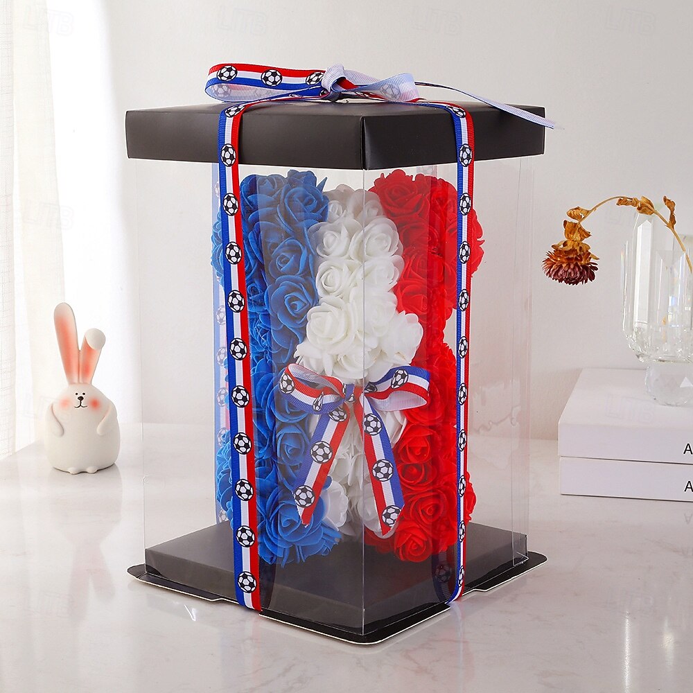 25 cm großer Rosen-Teddybär für die Fußball-Weltmeisterschaft, künstliches Rosenblüten-Geschenk für Fußballfans, Hochzeit, Muttertag, Jahrestag, inklusive transparenter Geschenkbox 2026 - $21.99 –P11