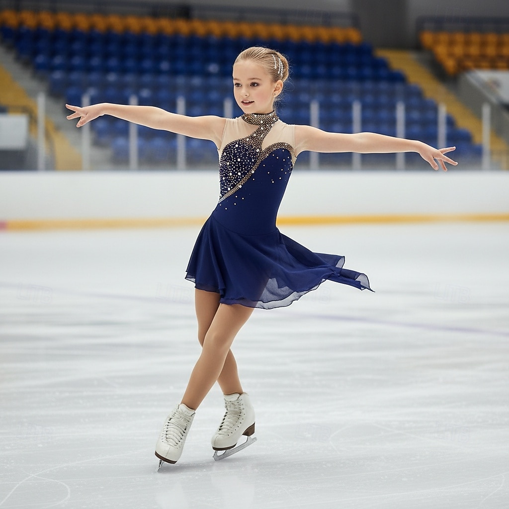 Figure Skating Dress Girls' Ice Skating Dress Violet Navy Black Patchwork Asymmetric Hem Stretchy Training Competition Skating Wear Classic Crystal / Rhinestone Sleeveless Ice Skating Figure Skating 2026 - $199.99 –P2