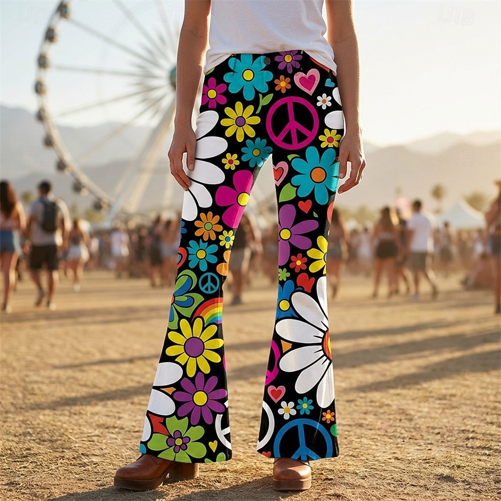 Retro Vintage Boho 1970s Pants Bell Bottom Pants Hippie Disco High Waist Floral Peace Symbols Fancy Dress Women's Halloween Carnival Music Festival Retro Theme Party Adults' Pants 2026 - $35.99 –P1