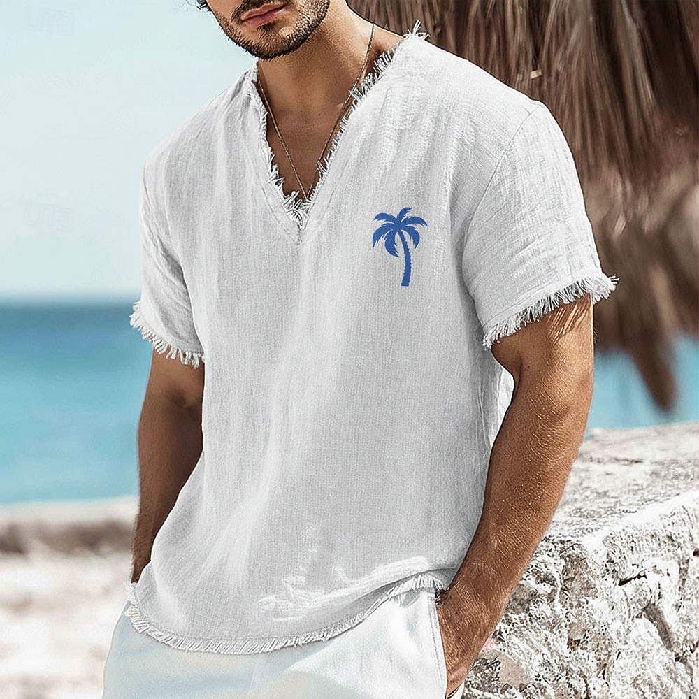Herren-T-Shirt mit kleinem Palmenprint aus Leinen-Baumwoll-Mischgewebe, V-Ausschnitt, offene Kanten, altrosa, sommerliches Strandurlaubs-Shirt mit Fransen, weiches Designer-Top, Größen S-3XL 2026 - $24.99 –P3