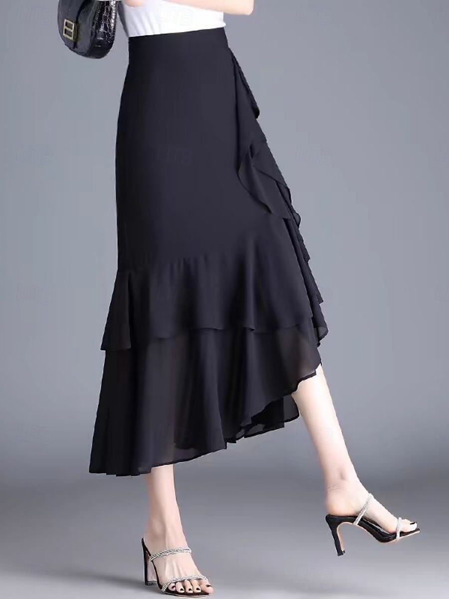 Mujer Falda de vacaciones Elegante Moda Casual Midi Alta cintura Faldas Plano Rizado Microelástico Diario Calle Negro Rojo Morado Café Verano 2026 - $43.99 –P1