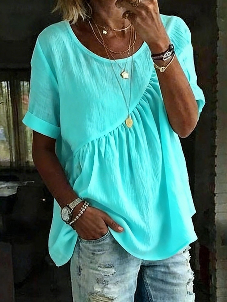 Dames Blouse Katoenen shirt Met ruches Effen Kleur Dagelijks Stijlvol Basic Korte mouw Strakke ronde hals Normale tops Dagelijks blauw Wit Geel Blozend Roze Groen Zomer Lente Herfst 2026 - $21.99 –P6