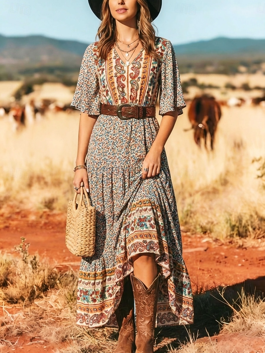 Women's Maxi Dress Boho Dress Casual Dress Floral Dress Elegant Fashion Modern Outdoor Beach Vacation Loose Fit Paisley Short Sleeve V Neck Blue Black Yellow Red Summer Spring 2026 - $32.99 –P4