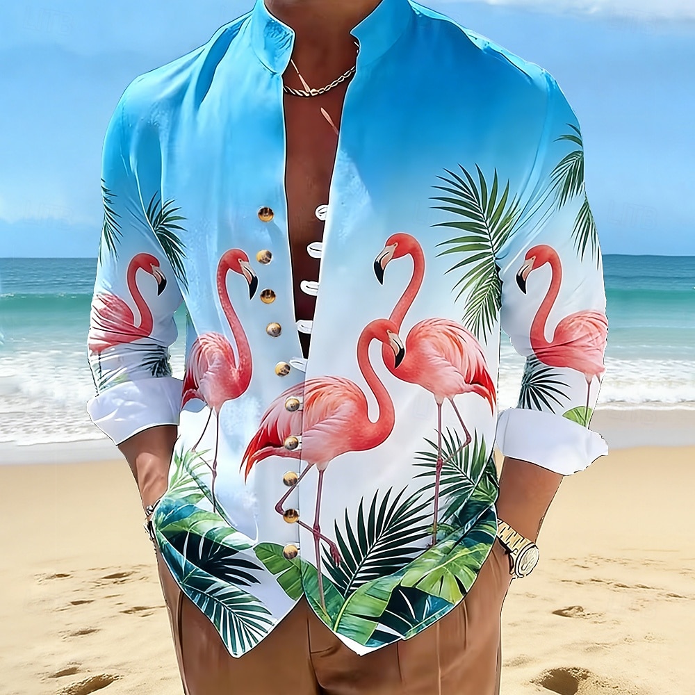 Herr Flamingo Fågel Palmblad Hawaiiskjortor Aloha skjorta Ståkrageskjorta Långärmad Hawaiisk Strandsemester Sommar Vår Kraghalsband Bandkrage 3D-utskrift Linne som skjorta Blå 2026 - $27.99 –P1